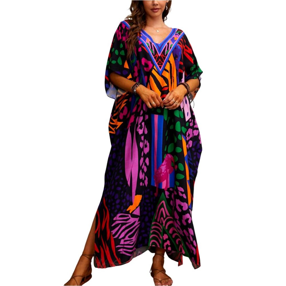 Flowing Kaftan Maxi Dress Black Purple Beach Coverup Resort Wear Plus Size